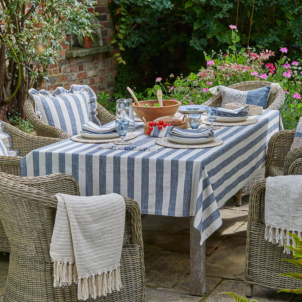 Walton & Co Flint Blue Wide Stripe Tablecloth